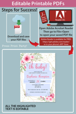 Baby Shower Invitation Template and decoration Bundle, Editable Invitation & Decorations Printables, Blush Pink Floral Sweet Baby Girl, INSTANT DOWNLOAD Press Print Party