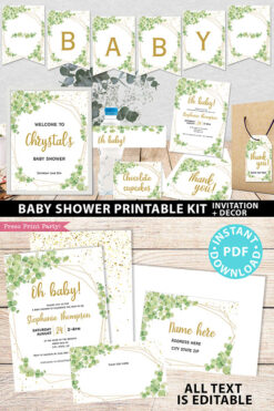 Baby Shower Invitation Template Bundle, Editable Invitation & Decorations Printables, Eucalyptus Green, Gender Neutral set INSTANT DOWNLOAD Press Print Party