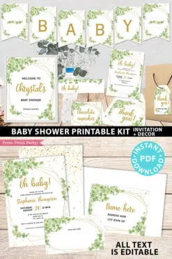 Baby Shower Invitation Template Bundle, Editable Invitation & Decorations Printables, Eucalyptus Green, Gender Neutral set INSTANT DOWNLOAD Press Print Party