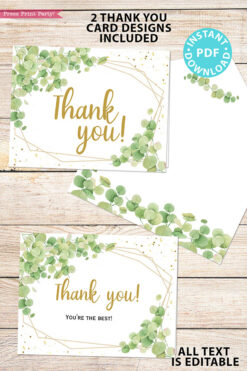 Baby Shower Invitation Template Bundle, Editable Invitation & Decorations Printables, Eucalyptus Green, Gender Neutral set INSTANT DOWNLOAD Press Print Party thank you notes