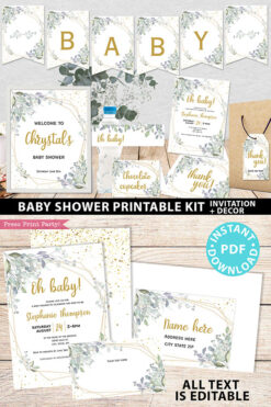 Baby Shower Invitation Template Bundle, Editable Invitation & Decorations Printables, Modern Greenery Gender Neutral, INSTANT DOWNLOAD Press Print Party welcome sign thank you note envelope