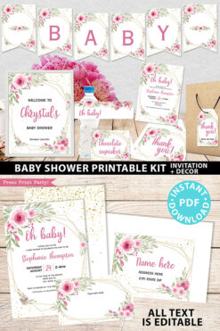 Baby Shower Invitation Template and decoration Bundle, Editable Invitation & Decorations Printables, Blush Pink Floral Sweet Baby Girl, INSTANT DOWNLOAD Press Print Party