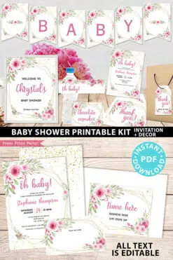 Baby Shower Invitation Template and decoration Bundle, Editable Invitation & Decorations Printables, Blush Pink Floral Sweet Baby Girl, INSTANT DOWNLOAD Press Print Party