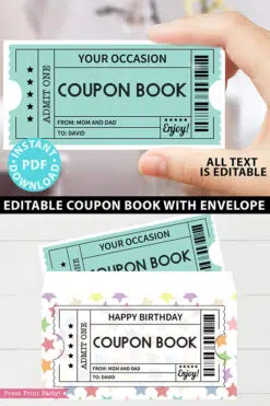 EDITABLE Coupon Book Template, Multi Color Tickets Printable, Custom Birthday Coupons Book Gift Idea, Homemade Blank, INSTANT DOWNLOAD Press Print Party