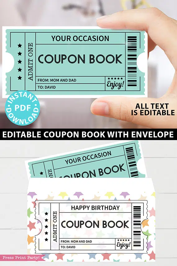 EDITABLE Coupon Book Template, Multi Color Tickets Printable, Custom Birthday Coupons Book Gift Idea, Homemade Blank, INSTANT DOWNLOAD Press Print Party