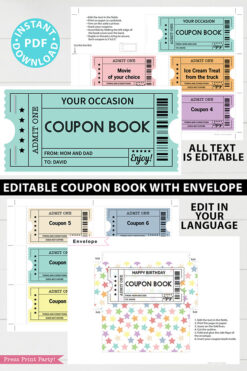 EDITABLE Coupon Book Template, Multi Color Tickets Printable, Custom Birthday Coupons Book Gift Idea, Homemade Blank, INSTANT DOWNLOAD Press Print Party