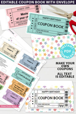 EDITABLE Coupon Book Template, Multi Color Tickets Printable, Custom Birthday Coupons Book Gift Idea, Homemade Blank, INSTANT DOWNLOAD Press Print Party