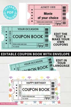 EDITABLE Coupon Book Template, Multi Color Tickets Printable, Custom Birthday Coupons Book Gift Idea, Homemade Blank, INSTANT DOWNLOAD Press Print Party