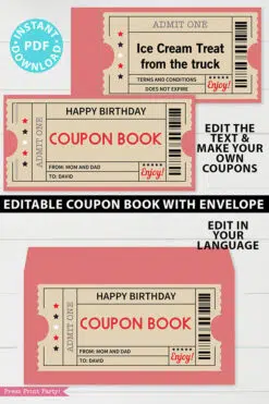 Printable Coupon Book Template, Tickets, Custom Birthday Coupons Book Gift Idea, Homemade Blank Editable Coupon Book, INSTANT DOWNLOAD red Press print party
