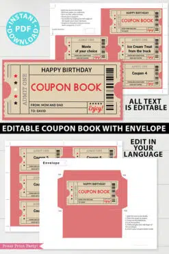 Printable Coupon Book Template, Tickets, Custom Birthday Coupons Book Gift Idea, Homemade Blank Editable Coupon Book, INSTANT DOWNLOAD red Press print party