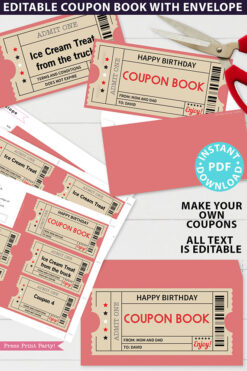 Printable Coupon Book Template, Tickets, Custom Birthday Coupons Book Gift Idea, Homemade Blank Editable Coupon Book, INSTANT DOWNLOAD red Press print party