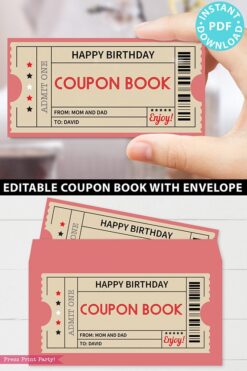 Printable Coupon Book Template, Tickets, Custom Birthday Coupons Book Gift Idea, Homemade Blank Editable Coupon Book, INSTANT DOWNLOAD red Press print party