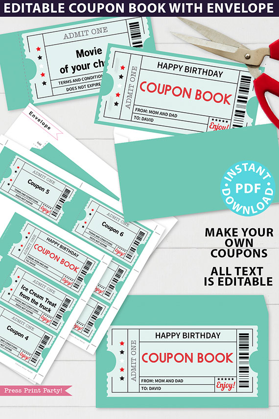 EDITABLE Coupon Book Template Printable, Green Tickets, Custom Birthday Coupons Book Gift Idea, Homemade Blank Coupon Book, INSTANT DOWNLOAD Press Print Party