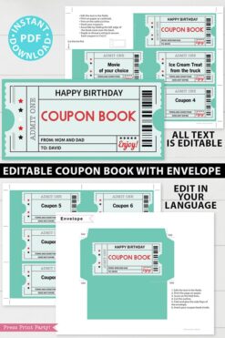 EDITABLE Coupon Book Template Printable, Green Tickets, Custom Birthday Coupons Book Gift Idea, Homemade Blank Coupon Book, INSTANT DOWNLOAD Press Print Party