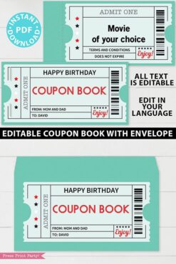 EDITABLE Coupon Book Template Printable, Green Tickets, Custom Birthday Coupons Book Gift Idea, Homemade Blank Coupon Book, INSTANT DOWNLOAD Press Print Party