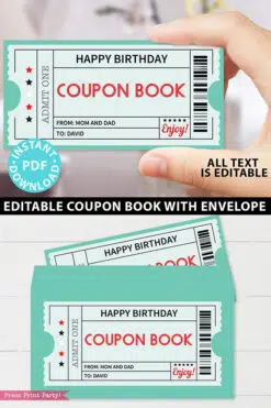 EDITABLE Coupon Book Template Printable, Green Tickets, Custom Birthday Coupons Book Gift Idea, Homemade Blank Coupon Book, INSTANT DOWNLOAD Press Print Party