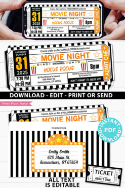 Halloween Movie Ticket Invitation Printables, Orange and Black Ticket Template, Halloween Movie Night Party Ticket stub, INSTANT DOWNLOAD Press Print Party