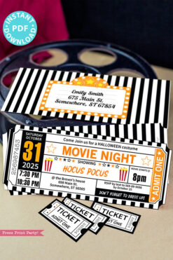 Halloween Movie Ticket Invitation Printables, Orange and Black Ticket Template, Halloween Movie Night Party Ticket stub, INSTANT DOWNLOAD Press Print Party