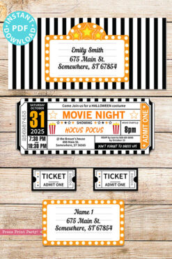 Halloween Movie Ticket Invitation Printables, Orange and Black Ticket Template, Halloween Movie Night Party Ticket stub, INSTANT DOWNLOAD Press Print Party