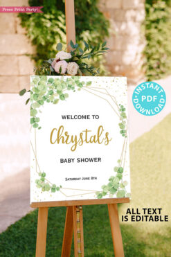 Baby Shower Invitation Template Bundle, Editable Invitation & Decorations Printables, Eucalyptus Green, Gender Neutral set INSTANT DOWNLOAD Press Print Party sign