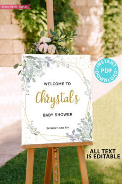 Baby Shower Invitation Template Bundle, Editable Invitation & Decorations Printables, Modern Greenery Gender Neutral, INSTANT DOWNLOAD Press Print Party sign