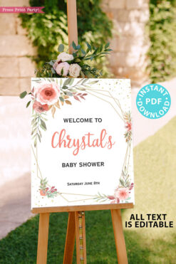 Baby Shower Invitation Template Bundle, Editable Invitation & Decorations Printables, Blush Peach Floral Sweet Baby Girl, INSTANT DOWNLOAD Press Print Party