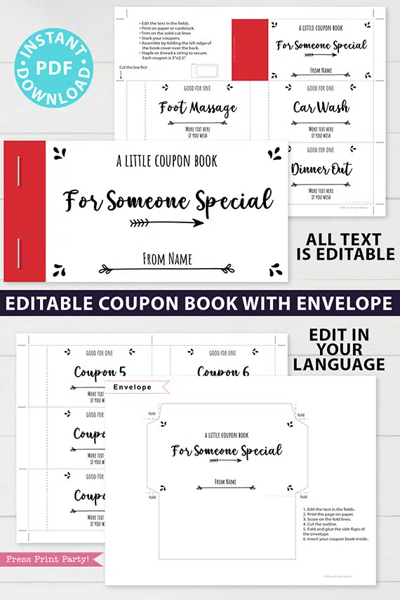 Printable Coupon Book Template For Adults, Custom Birthday Coupons Book Gift Idea, Homemade Blank Editable Coupon Book, INSTANT DOWNLOAD Press Print Party