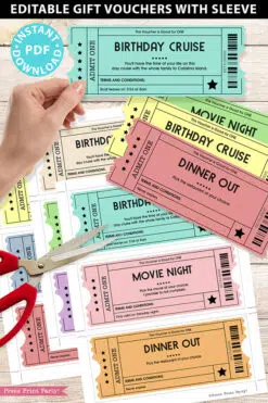 EDITABLE Birthday Voucher Coupons Template w. Holder Printable, Surprise Birthday Gift Tickets, Multi Colored Fun Ideas, INSTANT DOWNLOAD