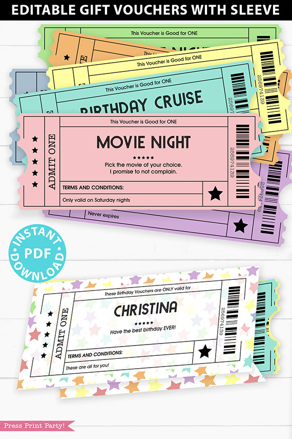 EDITABLE Birthday Voucher Coupons Template w. Holder Printable, Surprise Birthday Gift Tickets, Multi Colored Fun Ideas, INSTANT DOWNLOAD
