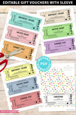 EDITABLE Birthday Voucher Coupons Template w. Holder Printable, Surprise Birthday Gift Tickets, Multi Colored Fun Ideas, INSTANT DOWNLOAD