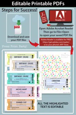 EDITABLE Birthday Voucher Coupons Template w. Holder Printable, Surprise Birthday Gift Tickets, Multi Colored Fun Ideas, INSTANT DOWNLOAD