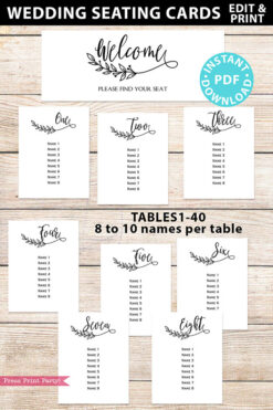 Wedding Seating Chart Template Download, Rustic Sign, Printable Wedding Seating Cards, Editable, Table Numbers, Boho Leaf, INSTANT DOWNLOAD