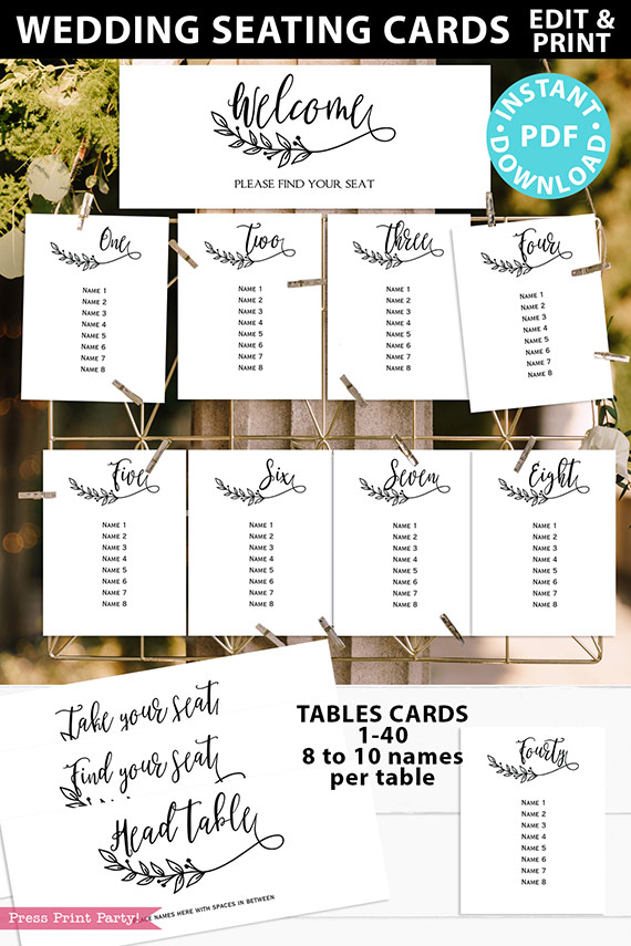 Wedding Seating Chart Template Download, Rustic Sign, Printable Wedding Seating Cards, Editable, Table Numbers, Boho Leaf, INSTANT DOWNLOAD