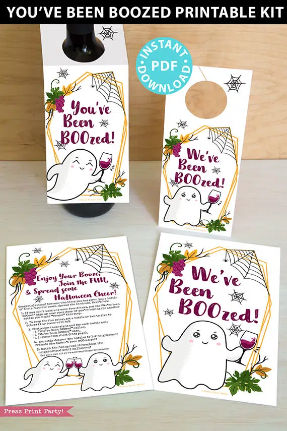 ou've Been BOOzed Printable Kit, We've Been Boozed, w. Instructions, Boo Wine label collar Tag, Halloween game adults, INSTANT DOWNLOAD