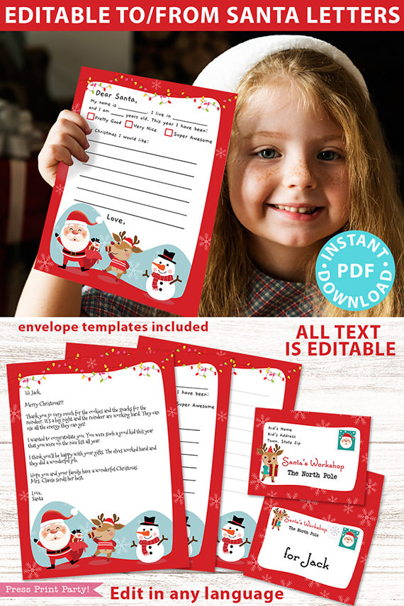 EDITABLE Santa Letter Printable Template Kit, To and From Santa, Kid Dear Santa Letter, Happy Santa Letterhead, Envelopes, INSTANT DOWNLOAD happy santa Press Print Party!