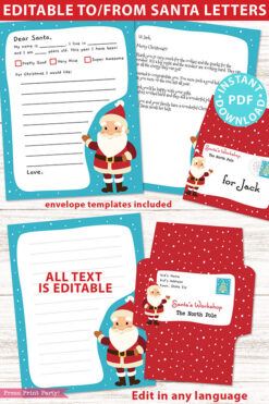 EDITABLE Santa Letter Printable Template Kit, To and From Santa, Kid Dear Santa Letter, Snow Santa Letterhead, Envelopes, INSTANT DOWNLOAD Press Print Party!