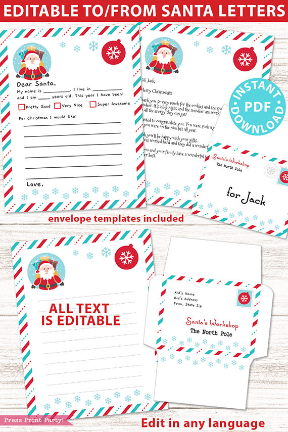 EDITABLE Santa Letter Printable Template Kit, To and From Santa, Kid Dear Santa Letter, Happy Santa Letterhead, Envelopes, INSTANT DOWNLOAD Press Print Party!