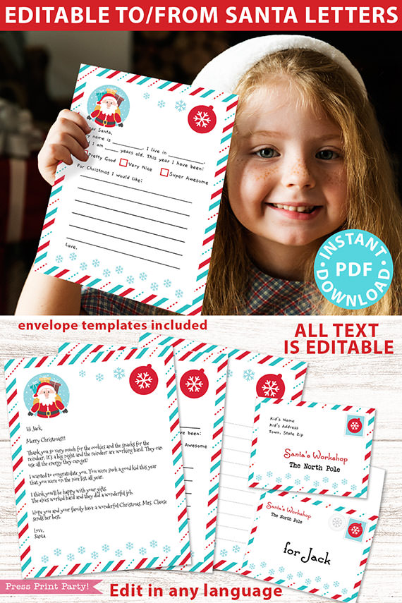 Girl with letter to santa. EDITABLE Santa Letter Printable Template Kit, To and From Santa, Kid Dear Santa Letter, Happy Santa Letterhead, Envelopes, INSTANT DOWNLOAD Press Print Party!