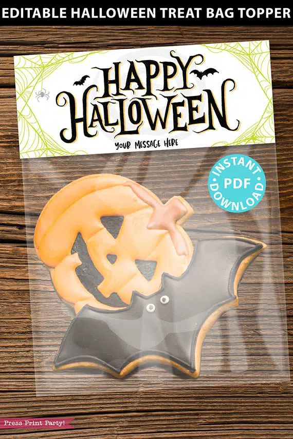 EDITABLE Halloween Treat Bag Topper Printable, Happy Halloween w. bats, Halloween Party Favors, Goodie Bag, Kids Halloween, INSTANT DOWNLOAD