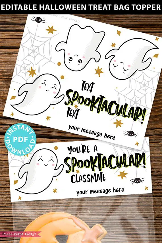 EDITABLE Halloween Treat Bag Topper Printable, Spooktacular Ghost, Halloween Party Favors, Goodie Bag, Kids Treat Bag, INSTANT DOWNLOAD