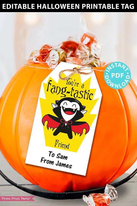EDITABLE Halloween Tag Printable, Fangtastic, Halloween Party Favors, Goodie Bag, Kids Halloween, Treat Bag, Candy Dracula, INSTANT DOWNLOAD