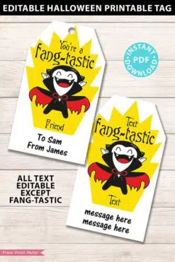 EDITABLE Halloween Tag Printable, Fangtastic, Halloween Party Favors, Goodie Bag, Kids Halloween, Treat Bag, Candy Dracula, INSTANT DOWNLOAD