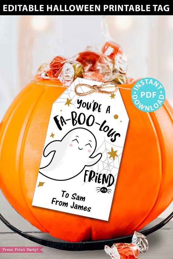 EDITABLE Halloween Tag Printable, Fab-Boo-lous Ghost, Halloween Party Favors, Goodie Bag, Kids Halloween, Treat Bag, Candy, INSTANT DOWNLOAD