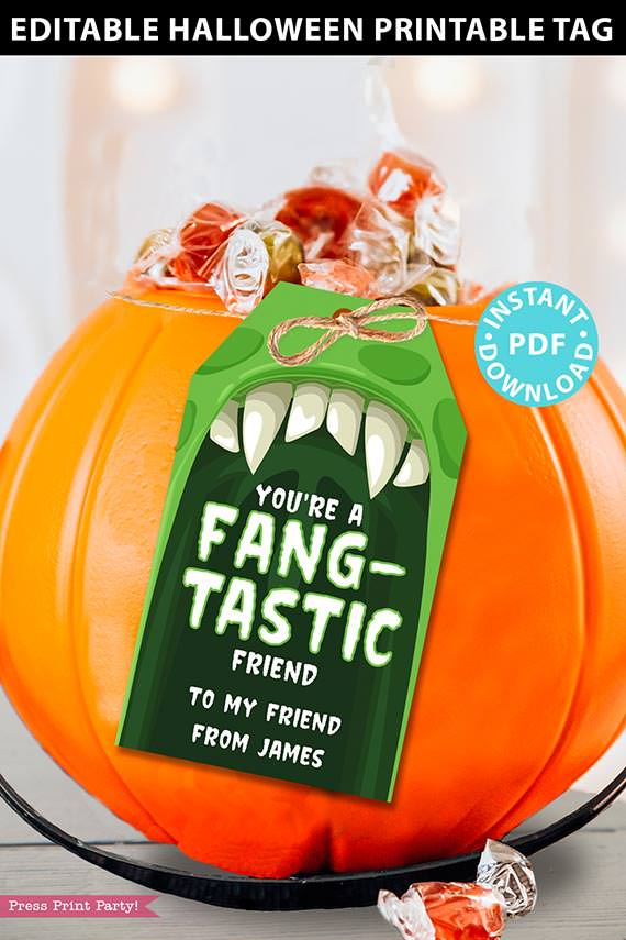 EDITABLE Halloween Tag Printable, Monster Tag, Halloween Party Favors, Goodie Bag, Kids Halloween, Treat Bag, Candy Bag, you're fang-tastic, INSTANT DOWNLOAD