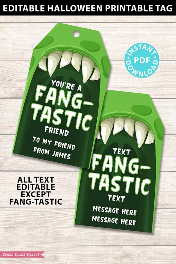 EDITABLE Halloween Tag Printable, Monster Tag, Halloween Party Favors, Goodie Bag, Kids Halloween, Treat Bag, Candy Bag, you're fang-tastic, INSTANT DOWNLOAD