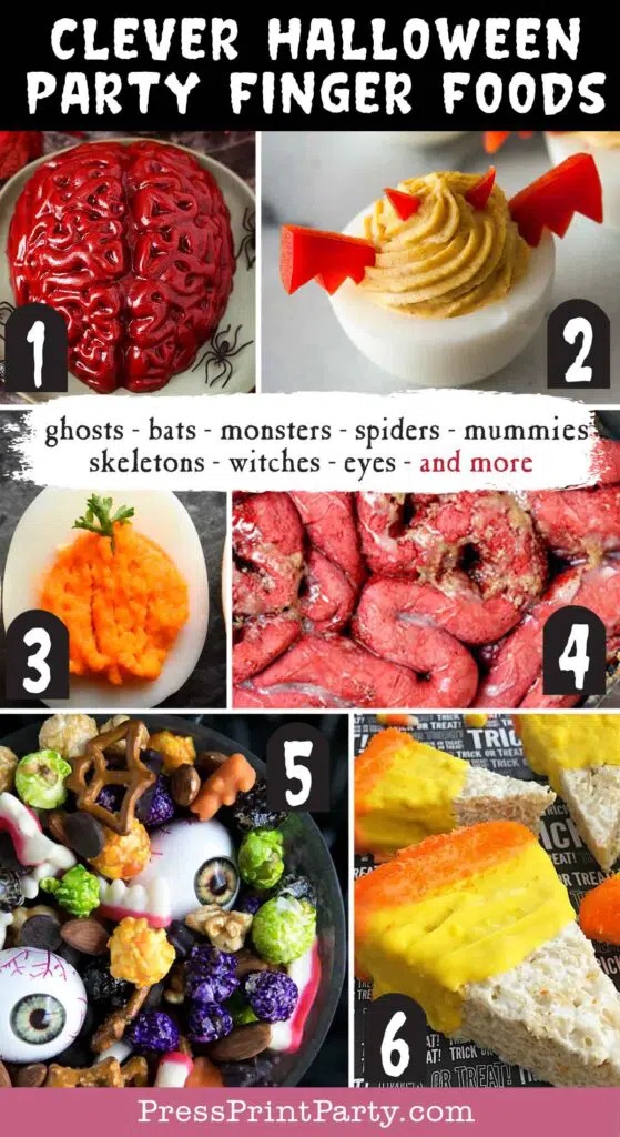 Halloween party finger foods treats and appetizers ideas - Jello Brain Recipe  Adorable Halloween Deviled Eggs  Halloween PumpkinDeviled Eggs  Zombie Guts Halloween Cinnamon Rolls  Halloween Monster Mash Party Mix  Candy Corn Rice Crispies  - Press Print Party!