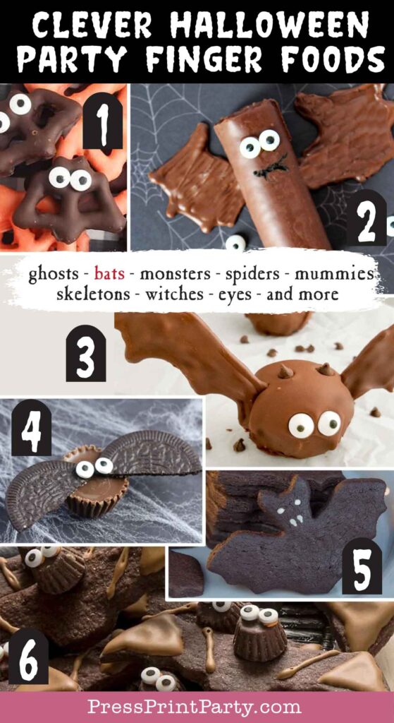 Halloween party finger foods treats and appetizers ideas Chocolate Pretzel Bats  Halloween Bat Treats  Oreo Bat Truffles  4 Ingredients Bat Treats  Bad Bat Biscuits and Cookie Pops  Halloween Bat Cookies Press Print Party