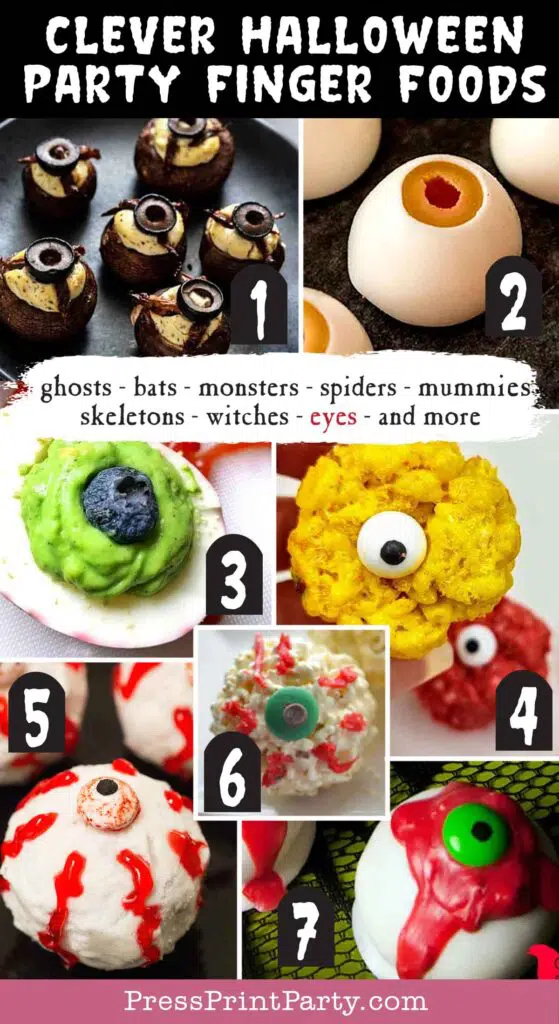 Halloween party finger foods treats and appetizers ideas - Suffed Mushroom Eyeballs  Spooky Deviled Eyeballs  Deviled Eggs Eyes  Eyeball Rice Crispies  Donut Hole Eyeballs  Eyeball Popcorn Balls  Bleeding Eyeball Halloween Oreo Truffles  - Press Print Party!