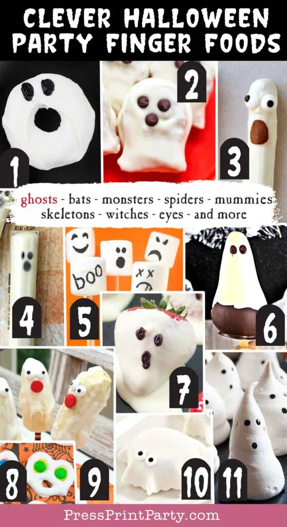 Halloween party finger foods treats and appetizers - Ghost Donuts Nutter Butter Ghost Cookies Ghost Pretzels String Cheese Ghosts Marshmallow Ghosts Chocolate Pear Ghosts Strawberry Ghosts Screaming Ghost Pretzels Boo-tiful Banana Ghosts Ghost Mini Muffins Meringue Ghosts Press Print Party!