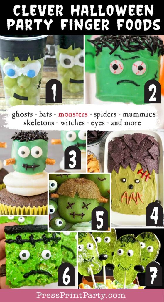 Halloween finger foods treats and appetizers ideas Grapenstein Halloween Snack Halloween Marshmallows Frankenstein Cupcakes Frankenstein Guacamole Kiwi Frankenstein Frankenstein Rice Krispies Treats Frankenstein Jolly Ranch Suckers Press Print Party